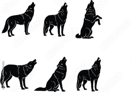 Six black silhouettes of wolves howling in different postures and positions