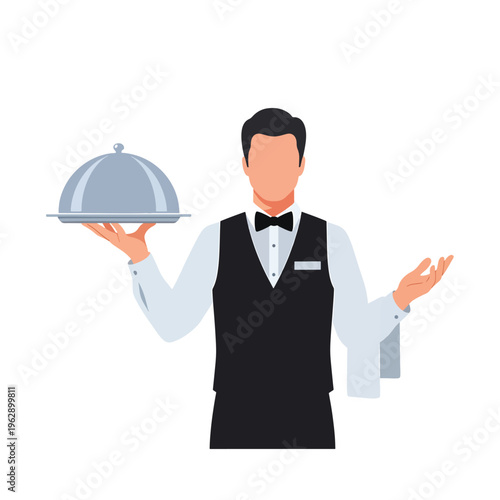 Waiter presenting a covered dish to guests in a restaurant setting with a friendly gesture