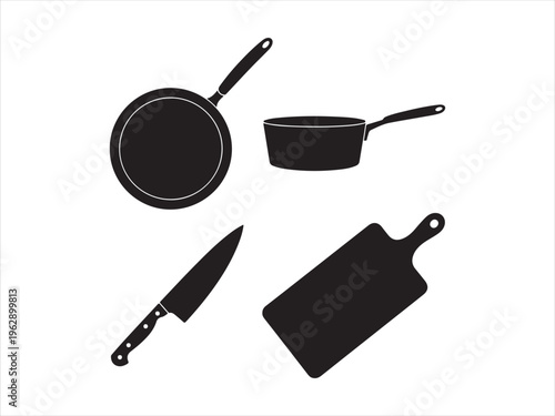 A collection of black silhouette icons representing essential kitchen cooking tools and utensils Vector, illustration