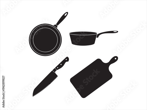 A collection of black silhouette icons representing essential kitchen cooking tools and utensils Vector, illustration