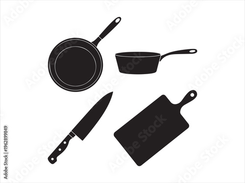 A collection of black silhouette icons representing essential kitchen cooking tools and utensils Vector, illustration
