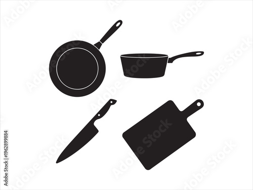 A collection of black silhouette icons representing essential kitchen cooking tools and utensils Vector, illustration