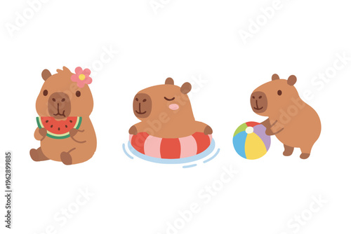 Set of cute capybara characters in summer activities, eating watermelon and swimming with floatie, flat vector illustration