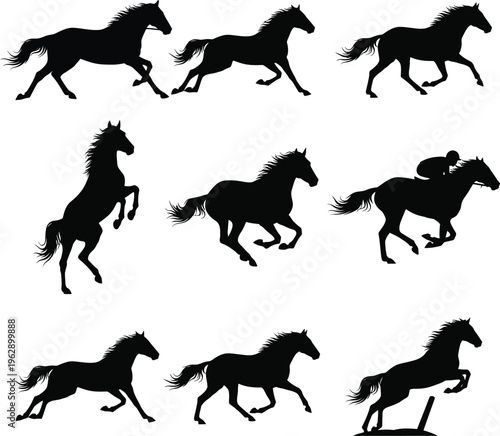 Collection of running horse silhouettes in various dynamic poses and movements