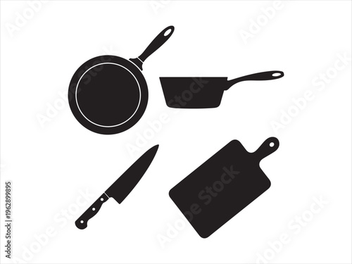 A collection of black silhouette icons representing essential kitchen cooking tools and utensils Vector, illustration
