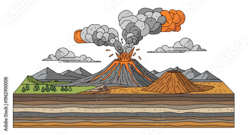 A cross-section of a volcanic eruption, showing land formations and layers