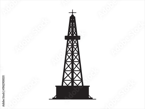 A minimalist black silhouette of an industrial oil derrick tower standing against white background illustration