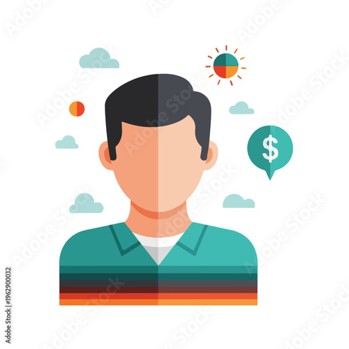 A flat illustration of a man with various visual elements