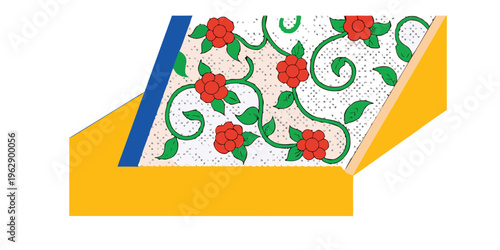 Elegant gift box adorned with floral design and vibrant red roses on golden background edge