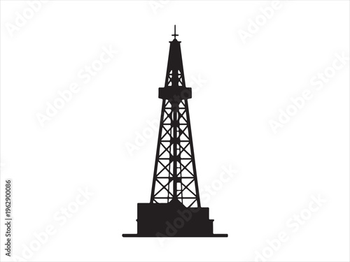 A minimalist black silhouette of an industrial oil derrick tower standing against white background illustration