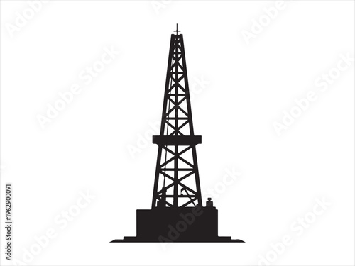 A minimalist black silhouette of an industrial oil derrick tower standing against white background illustration