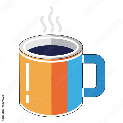 A colorful coffee mug with steam rising from dark liquid