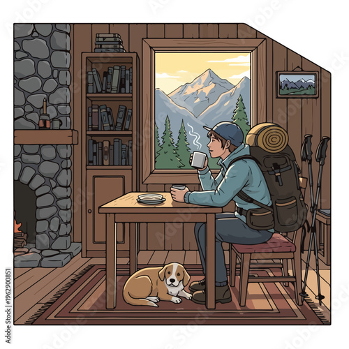 A hiker relaxing in a cabin, drinking coffee, with a dog at their feet