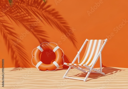 Beach scene with a white deck chair and orange life preserver on sandy shore with palm shadow on orange background