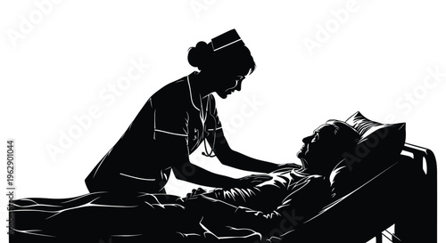Silhouette illustration of a nurse providing compassionate care to a resting hospital patient