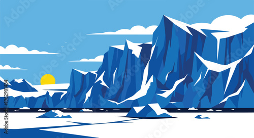 A flat illustration of an icy landscape, including mountains and sun