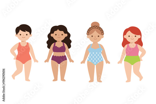 Set of cute kids or girls in colorful swimwear and swimsuits, flat vector illustration isolated on white background