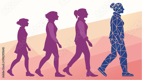 Group of people walking together in a line across a colorful, undulating landscape path