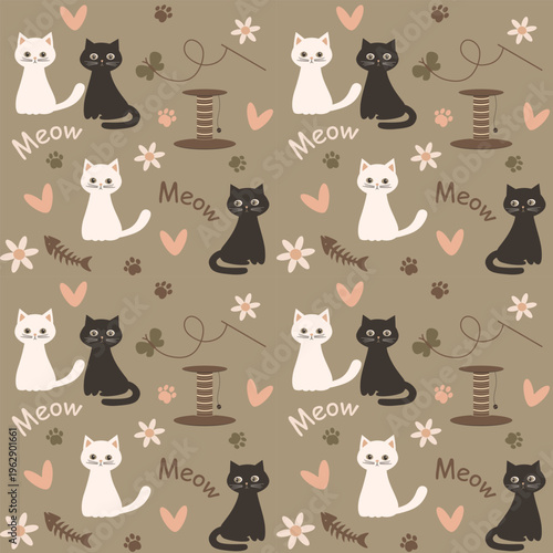 Seamless pattern with cute black and white cats, hearts and flowers on brown background