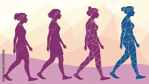 Colorful depicting four people walking in different directions with varied hairstyles and clothing styles