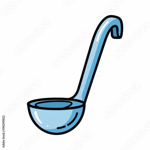 Blue ladle with long handle and bowl for serving soup or liquid food