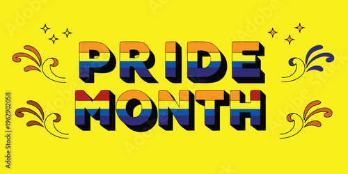Vibrant pride month celebration with colorful letters spelling out pride month on bright yellow background