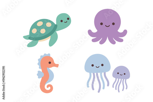 Set of cute marine animals, turtle, octopus, seahorse, and jellyfish, flat ocean creature collection for stickers or worksheets