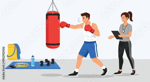 A man boxing with red gloves under supervision, gym equipment