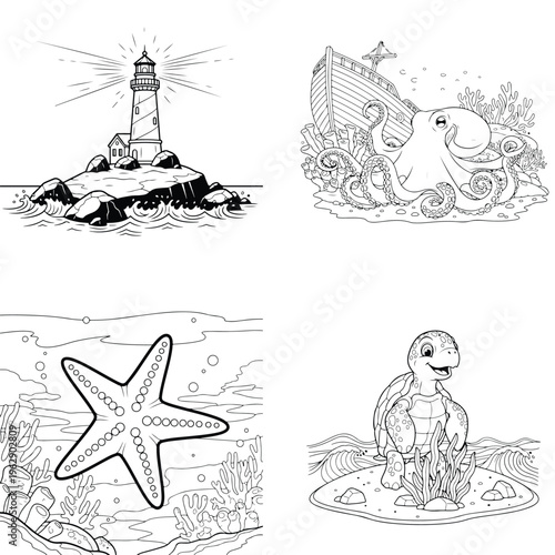 Nautical adventure coloring sheet with lighthouse giant squid attacking ship and sea turtle art