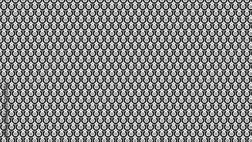 Seamless pattern of modern abstract geometric interlocking circles and stylized floral shapes, a minimalist black and white decorative background with a repetitive dot motif, perfect for contemporary