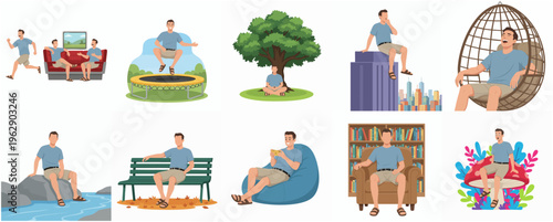 Flat Style Illustration Collection of Man in Different Poses and Locations