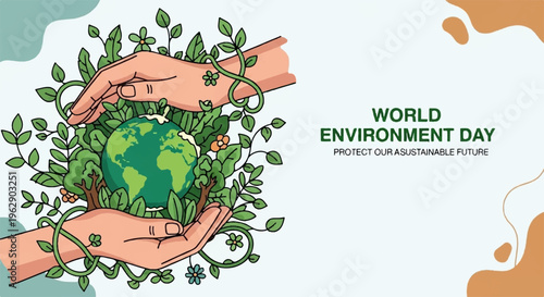 Hands cradling earth globe with green leaves on world environment day symbolizing eco friendly protection and sustainability
