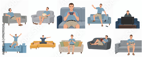 Flat Illustration of Different Activities a Man doing on Sofa