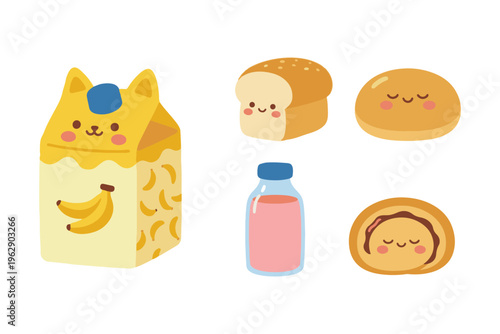 Cute banana milk carton and bread set, breakfast food icons with funny faces, flat vector illustration isolated on white background