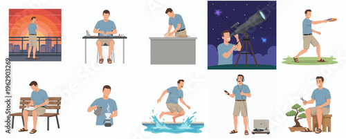 Flat Design Man Doing Various Activities at Home and Outdoors Illustration