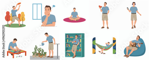 Flat Style Man Doing Leisure Activities at Home or Outside Illustration