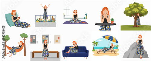 Modern Flat Illustration Set of Redhead Woman in Various Lifestyle Activities