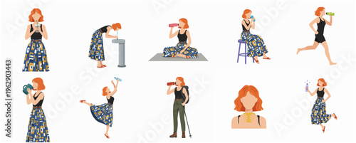 Minimalist Flat Woman Daily Routine Lifestyle Activity and Sport Illustration Set