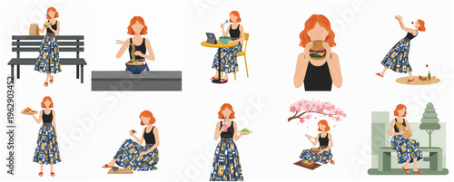 Flat Style Illustration Set of Young Woman Enjoying Various Food Activities