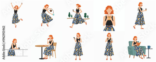 Flat Design Woman in Various Poses and Activities Lifestyle Illustration