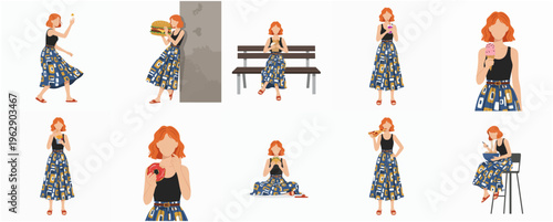Flat Style Collection of Young Redhead Woman Enjoying Snacks Activities