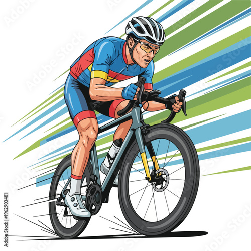 A cyclist in racing gear, on a road bike with speed lines