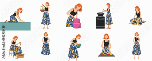 Flat Illustration of Diverse Woman Doing Home Activities Various Poses Set