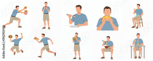 Flat Illustration Set of Person Enjoying Various Unhealthy Fast Food Meal