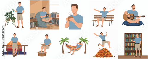 Flat Style Illustration Set of Relaxing Man Enjoying Different Leisure Activities