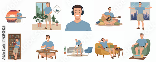 Flat Style Illustration Set of Man Enjoying Different Leisure Activities