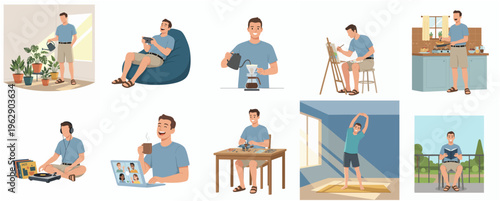 Illustrated Man's Relaxing and Productive Day at Home with Various Activities