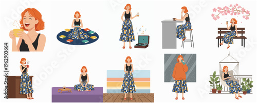 Flat Woman Lifestyle Activity Illustration in Various Indoor and Outdoor Scene