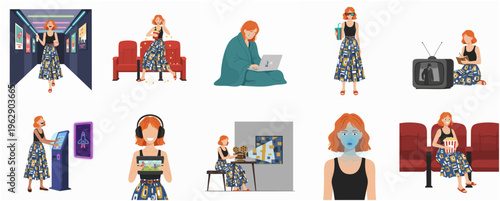 Flat Illustration Woman in Various Public and Home Leisure Activities Set