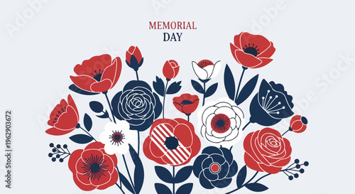 A floral arrangement in red, white, and navy blue with "MEMORIAL DAY" text